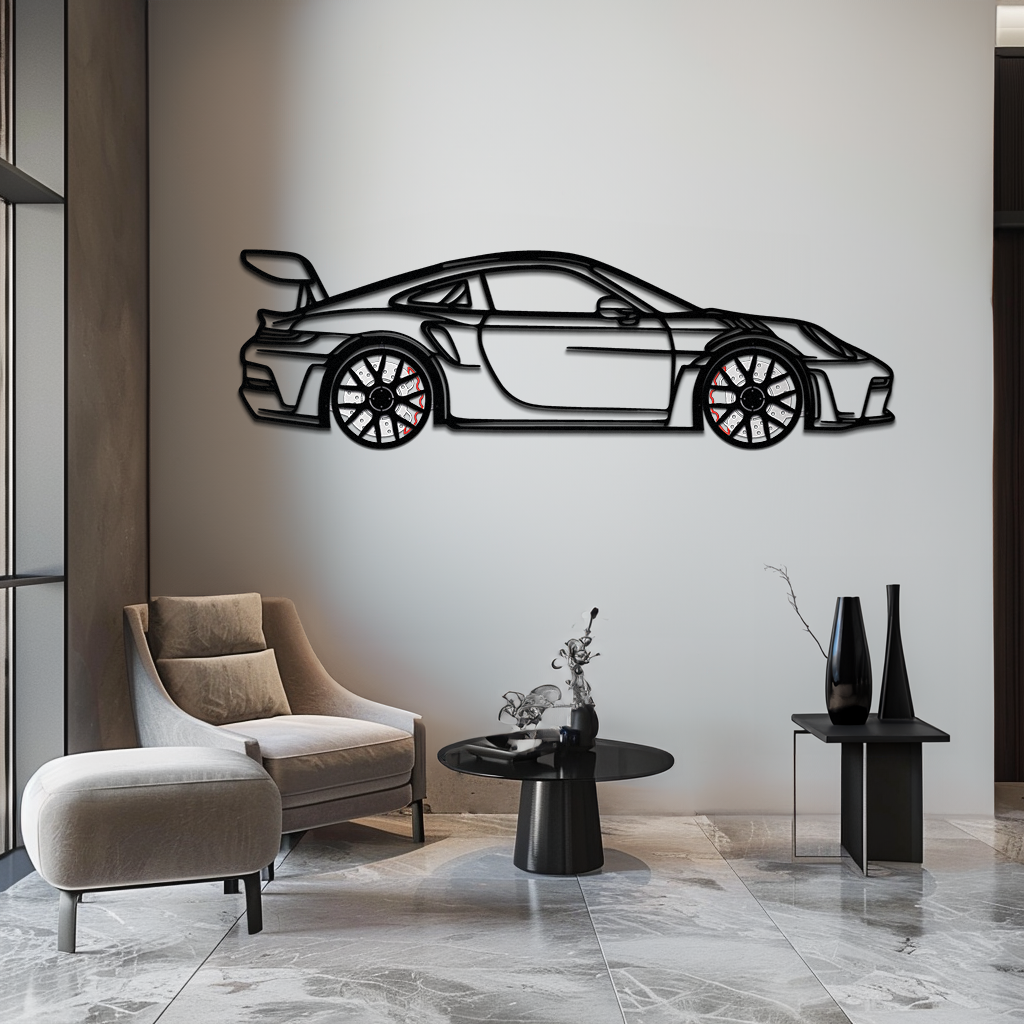 Performance-car metal silhouette displayed in a modern room