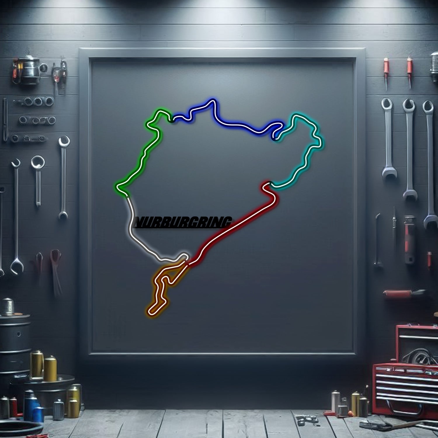 Iconic German circuit neon wall art in a workshop